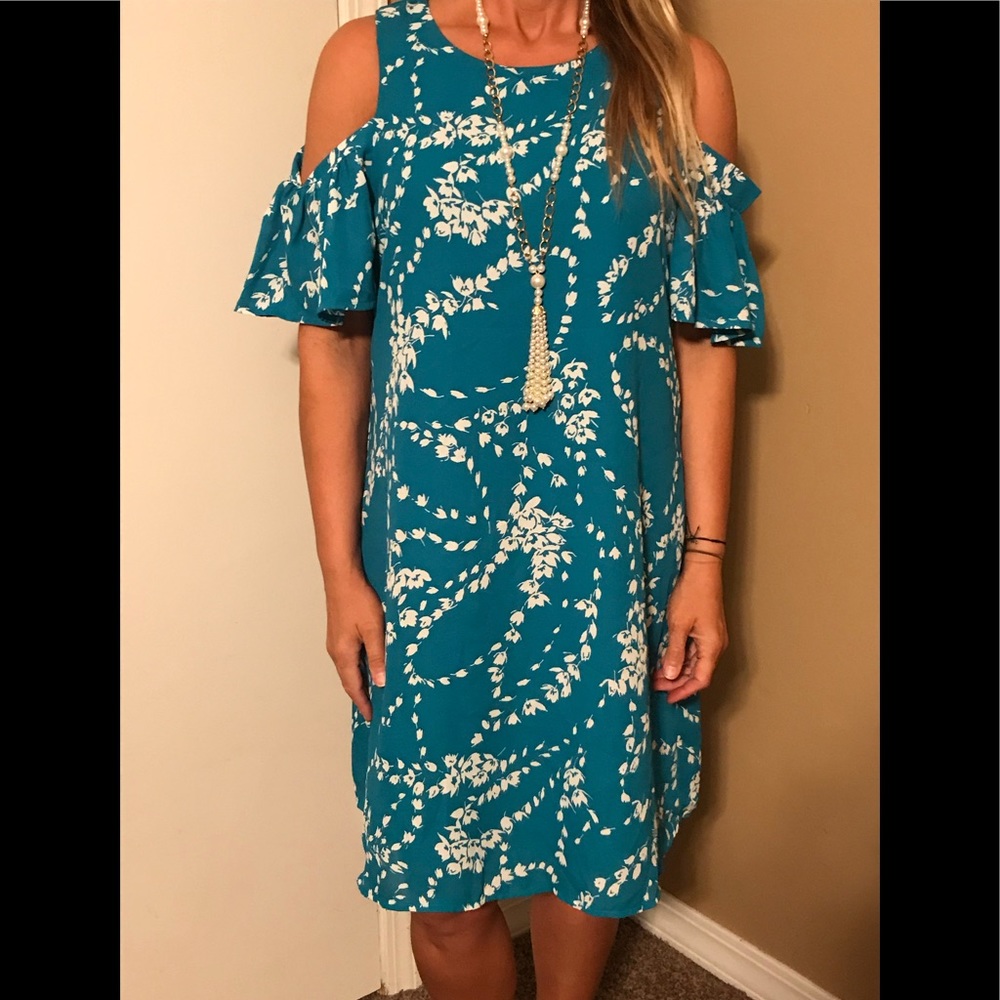 Cold shoulder teal dress